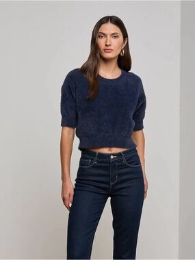 L'Agence Guinevere Cropped Pullover Midnight Navy Short Sleeve Sweater Size XS